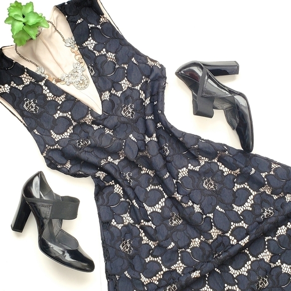 Zara Blue Black Illusion Lace V-neck Sleeveless Midi Dress Size Small - Picture 1 of 11